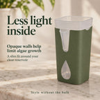 Olive green cover surrounds a clear reservoir, limiting light exposure while keeping the water level visible.